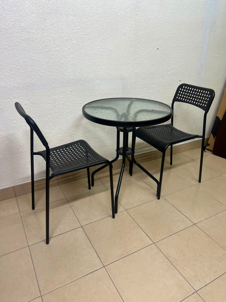 Modern 3-Piece Black Metal Bistro Set – Round Glass Table & 2 Perforated Chairs - Image 5