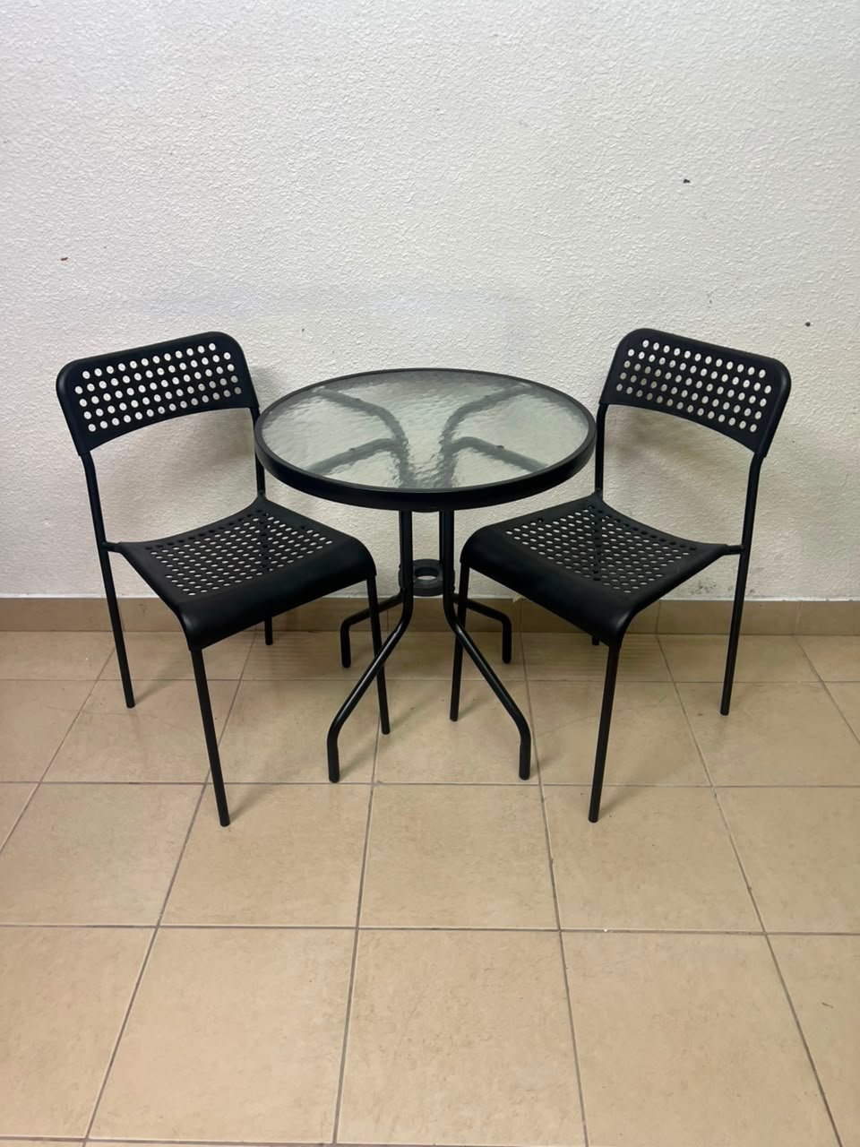 Modern 3-Piece Black Metal Bistro Set – Round Glass Table & 2 Perforated Chairs