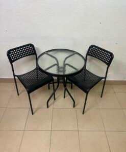 Modern 3-Piece Black Metal Bistro Set – Round Glass Table & 2 Perforated Chairs - Image 7