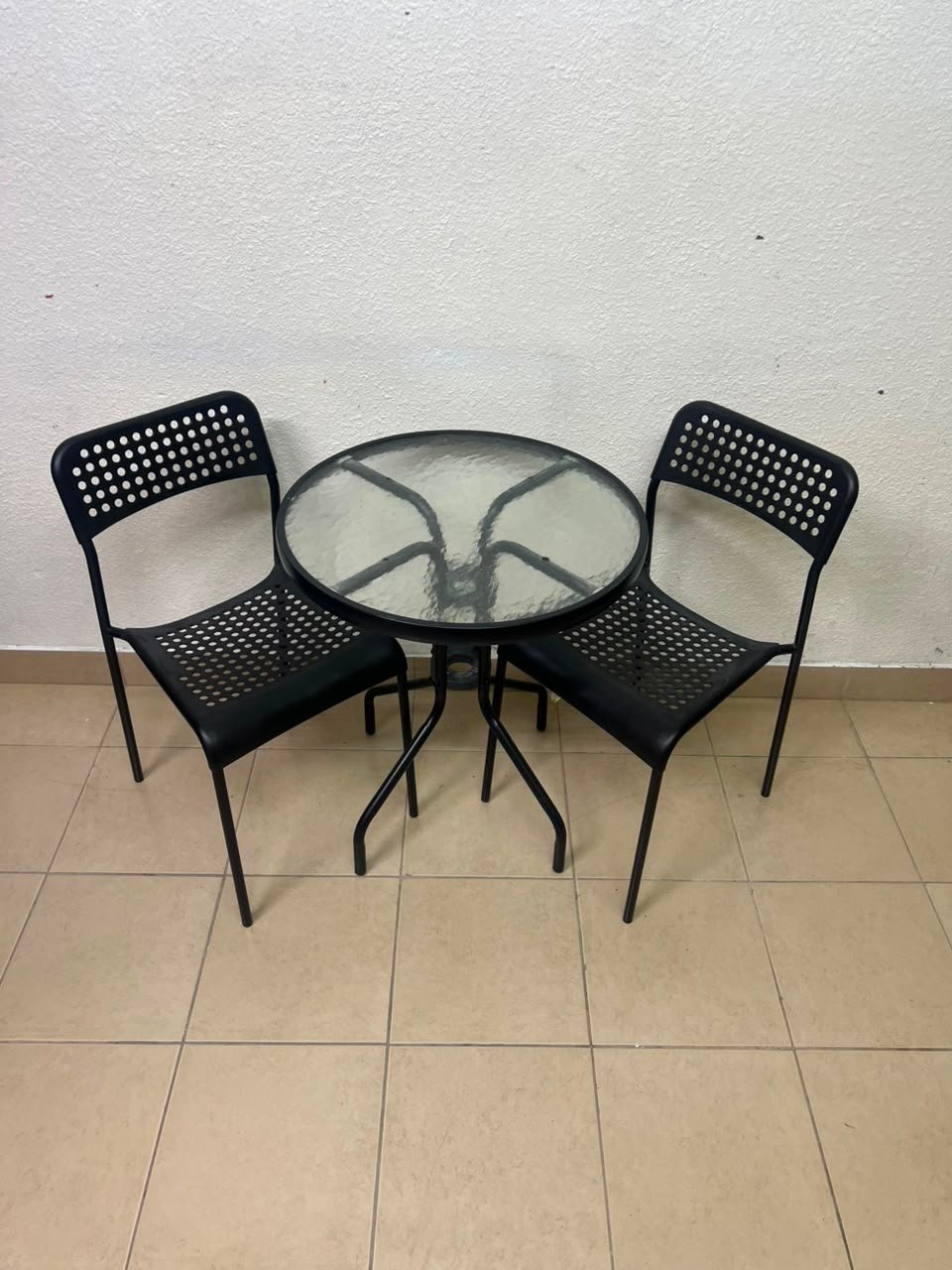 Modern 3-Piece Black Metal Bistro Set – Round Glass Table & 2 Perforated Chairs - Image 7