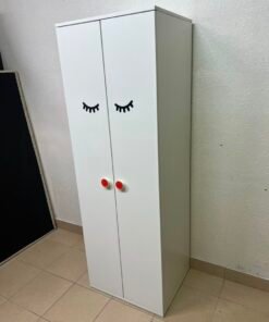 Whimsical Kids' Wardrobe with Sleeping Eyes Design – White 2-Door Storage Cabinet with Red Handles - Image 2