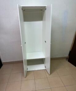 Whimsical Kids' Wardrobe with Sleeping Eyes Design – White 2-Door Storage Cabinet with Red Handles - Image 3