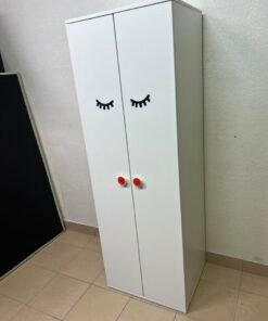 Whimsical Kids' Wardrobe with Sleeping Eyes Design – White 2-Door Storage Cabinet with Red Handles - Image 6