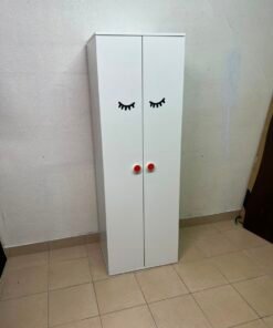 Whimsical Kids' Wardrobe with Sleeping Eyes Design – White 2-Door Storage Cabinet with Red Handles - Image 7