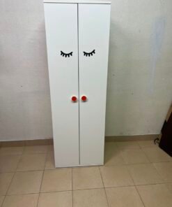 Whimsical Kids' Wardrobe with Sleeping Eyes Design – White 2-Door Storage Cabinet with Red Handles - Image 8
