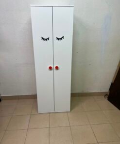 Whimsical Kids' Wardrobe with Sleeping Eyes Design – White 2-Door Storage Cabinet with Red Handles