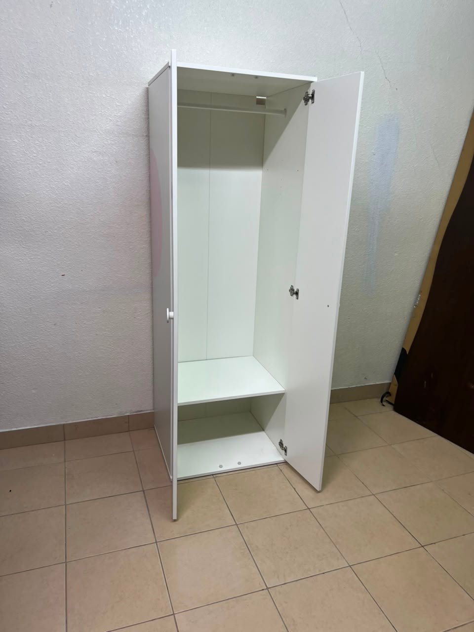 Whimsical Kids' Wardrobe with Sleeping Eyes Design – White 2-Door Storage Cabinet with Red Handles - Image 11