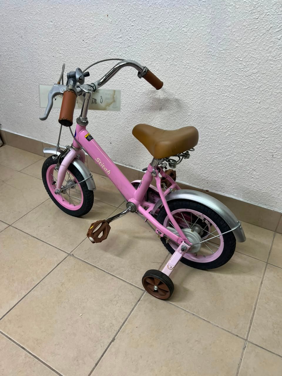 Switch Kids' Training Bike – 12"/14" Pastel Pink Bicycle with Training Wheels, Front Brake & Vintage Brown Accents - Image 5