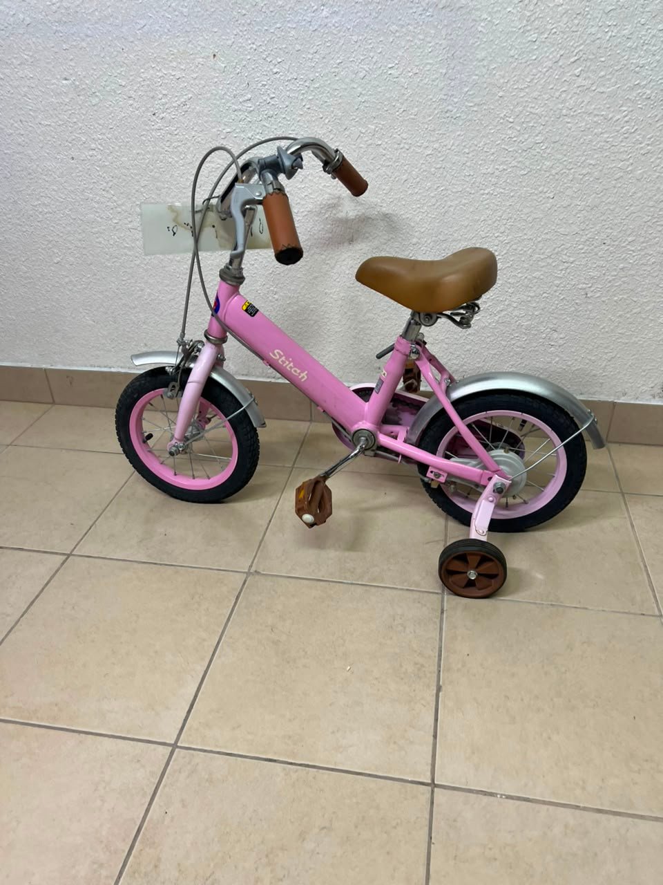 Switch Kids' Training Bike – 12"/14" Pastel Pink Bicycle with Training Wheels, Front Brake & Vintage Brown Accents