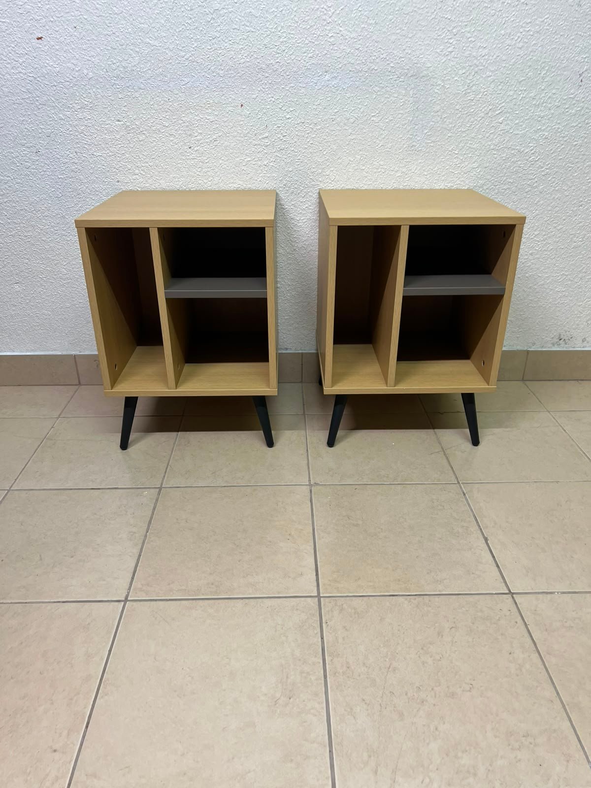 Mid-Century Modern 2-Tier Side Table / Nightstand (Set of 2) – Light Oak Finish with Black Splayed Legs and Asymmetric Storage