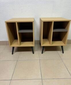 Mid-Century Modern 2-Tier Side Table / Nightstand (Set of 2) – Light Oak Finish with Black Splayed Legs and Asymmetric Storage - Image 3