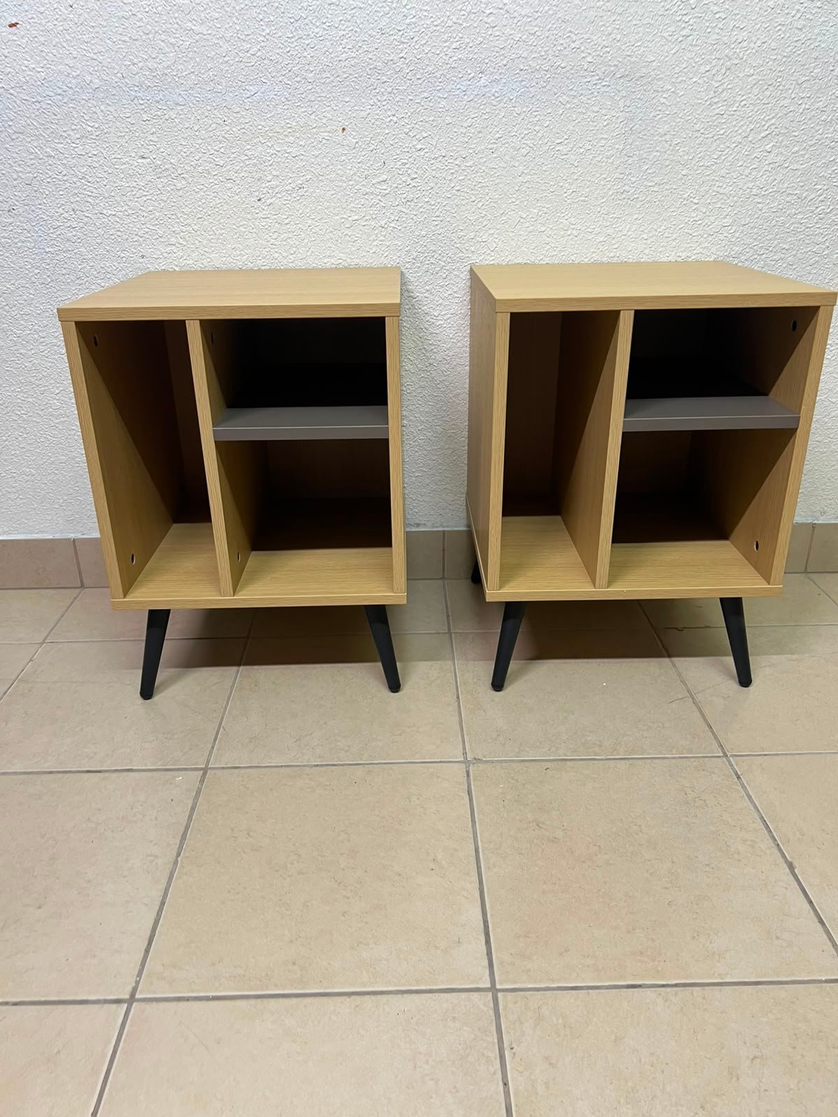 Mid-Century Modern 2-Tier Side Table / Nightstand (Set of 2) – Light Oak Finish with Black Splayed Legs and Asymmetric Storage - Image 3