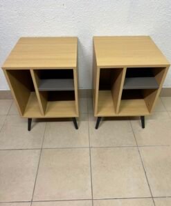 Mid-Century Modern 2-Tier Side Table / Nightstand (Set of 2) – Light Oak Finish with Black Splayed Legs and Asymmetric Storage - Image 5