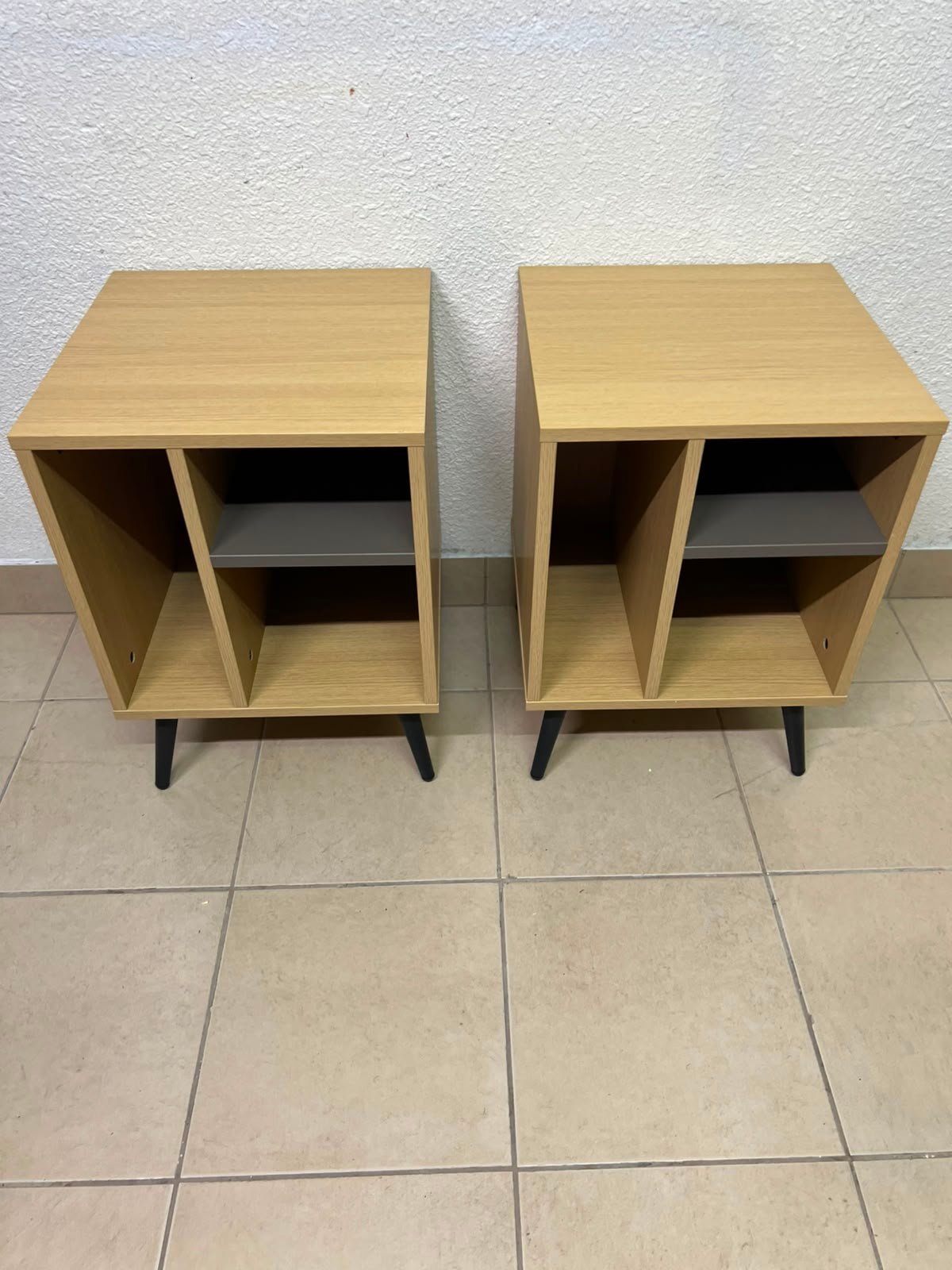 Mid-Century Modern 2-Tier Side Table / Nightstand (Set of 2) – Light Oak Finish with Black Splayed Legs and Asymmetric Storage - Image 5
