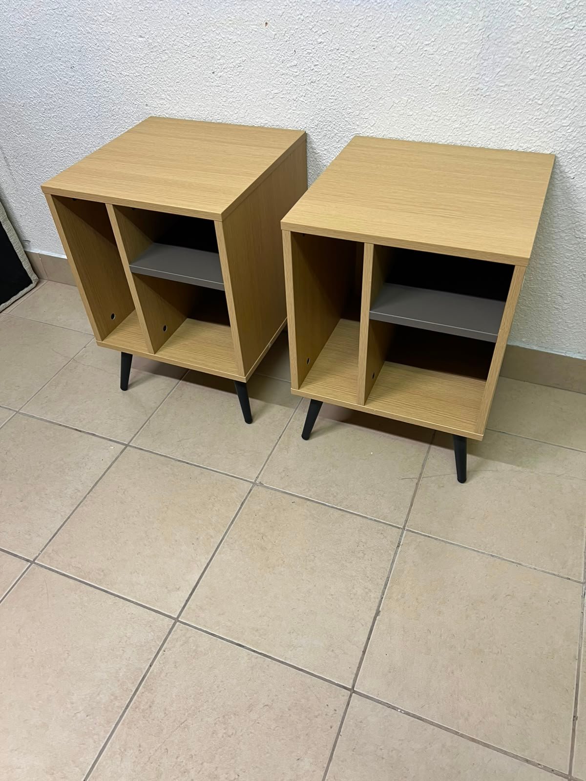 Mid-Century Modern 2-Tier Side Table / Nightstand (Set of 2) – Light Oak Finish with Black Splayed Legs and Asymmetric Storage - Image 6