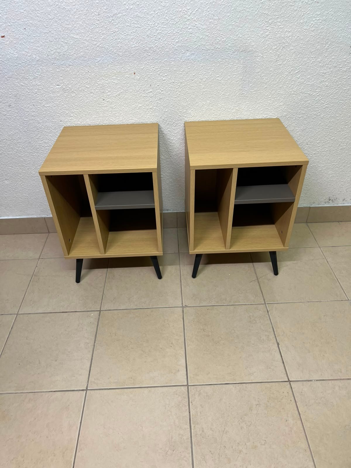 Mid-Century Modern 2-Tier Side Table / Nightstand (Set of 2) – Light Oak Finish with Black Splayed Legs and Asymmetric Storage - Image 7