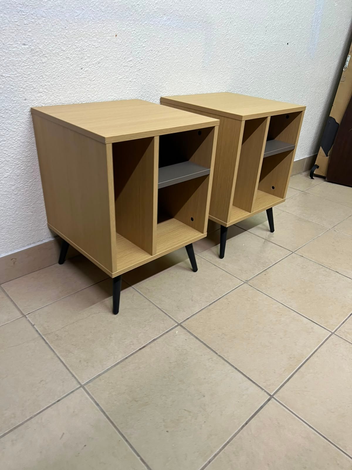 Mid-Century Modern 2-Tier Side Table / Nightstand (Set of 2) – Light Oak Finish with Black Splayed Legs and Asymmetric Storage - Image 8