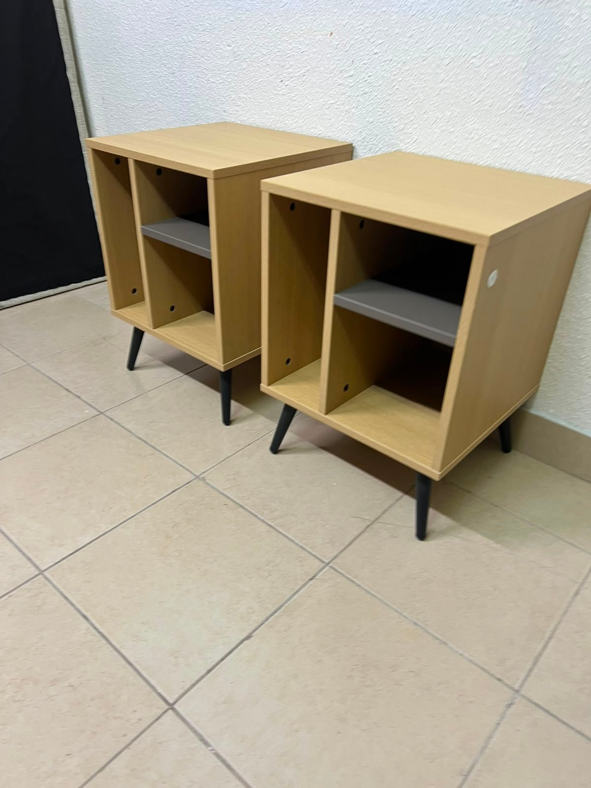 Mid-Century Modern 2-Tier Side Table / Nightstand (Set of 2) – Light Oak Finish with Black Splayed Legs and Asymmetric Storage - Image 9