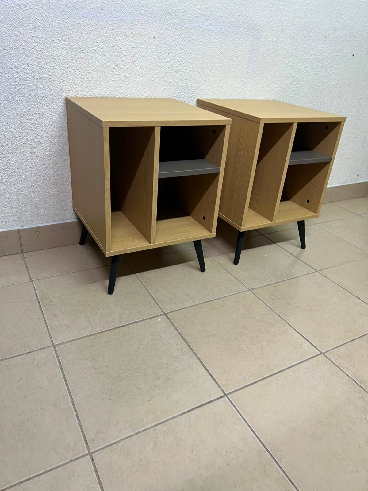 Mid-Century Modern 2-Tier Side Table / Nightstand (Set of 2) – Light Oak Finish with Black Splayed Legs and Asymmetric Storage - Image 10