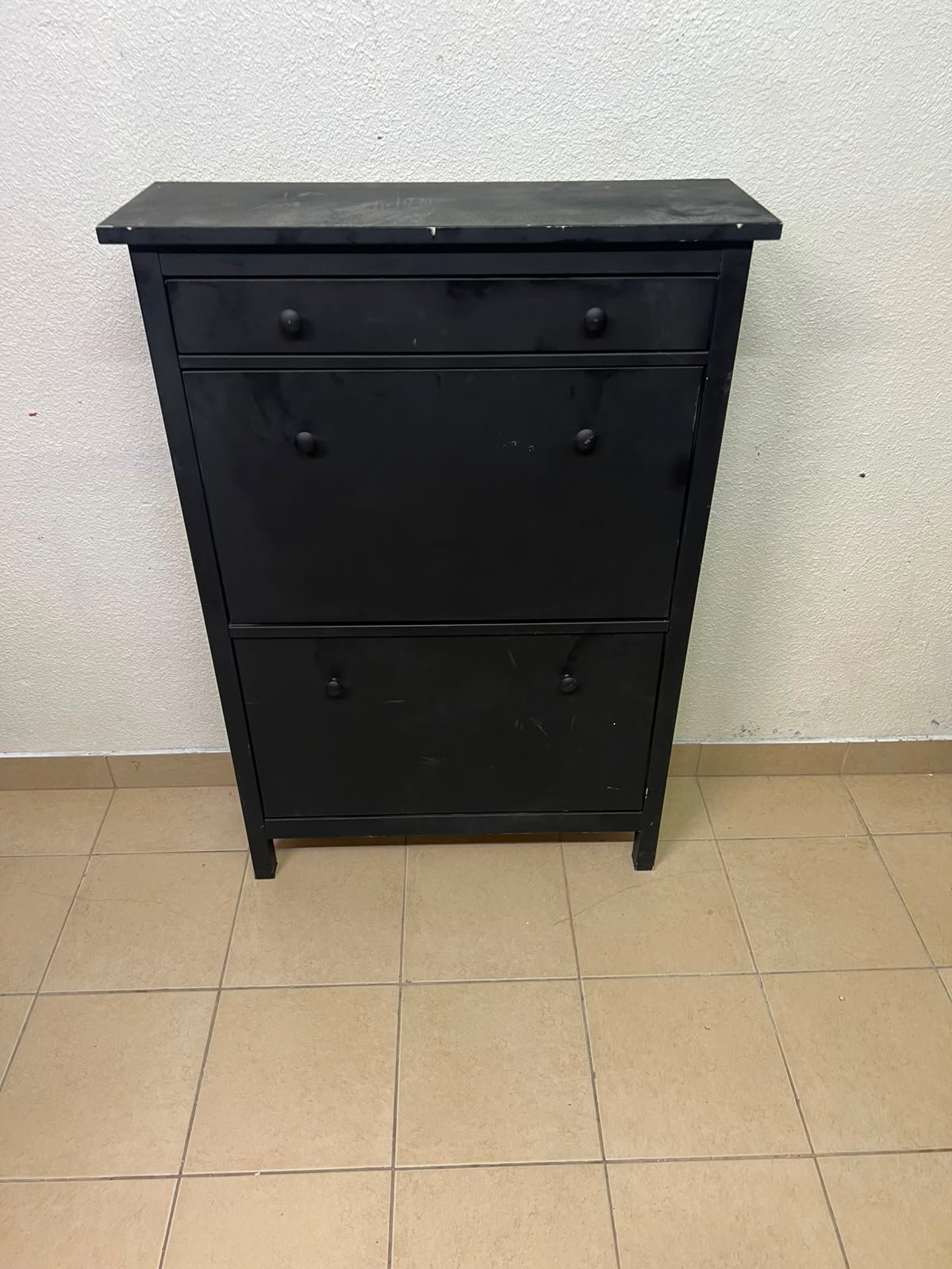 3-Tier Black Storage Cabinet / Shoe Rack – Slim Entryway Organizer with Top Drawer & Dual Flap Compartments - Image 2