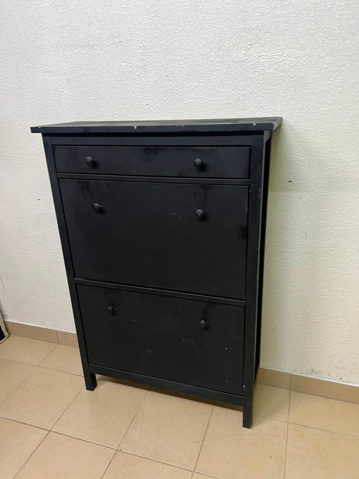 3-Tier Black Storage Cabinet / Shoe Rack – Slim Entryway Organizer with Top Drawer & Dual Flap Compartments - Image 7