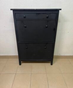 3-Tier Black Storage Cabinet / Shoe Rack – Slim Entryway Organizer with Top Drawer & Dual Flap Compartments