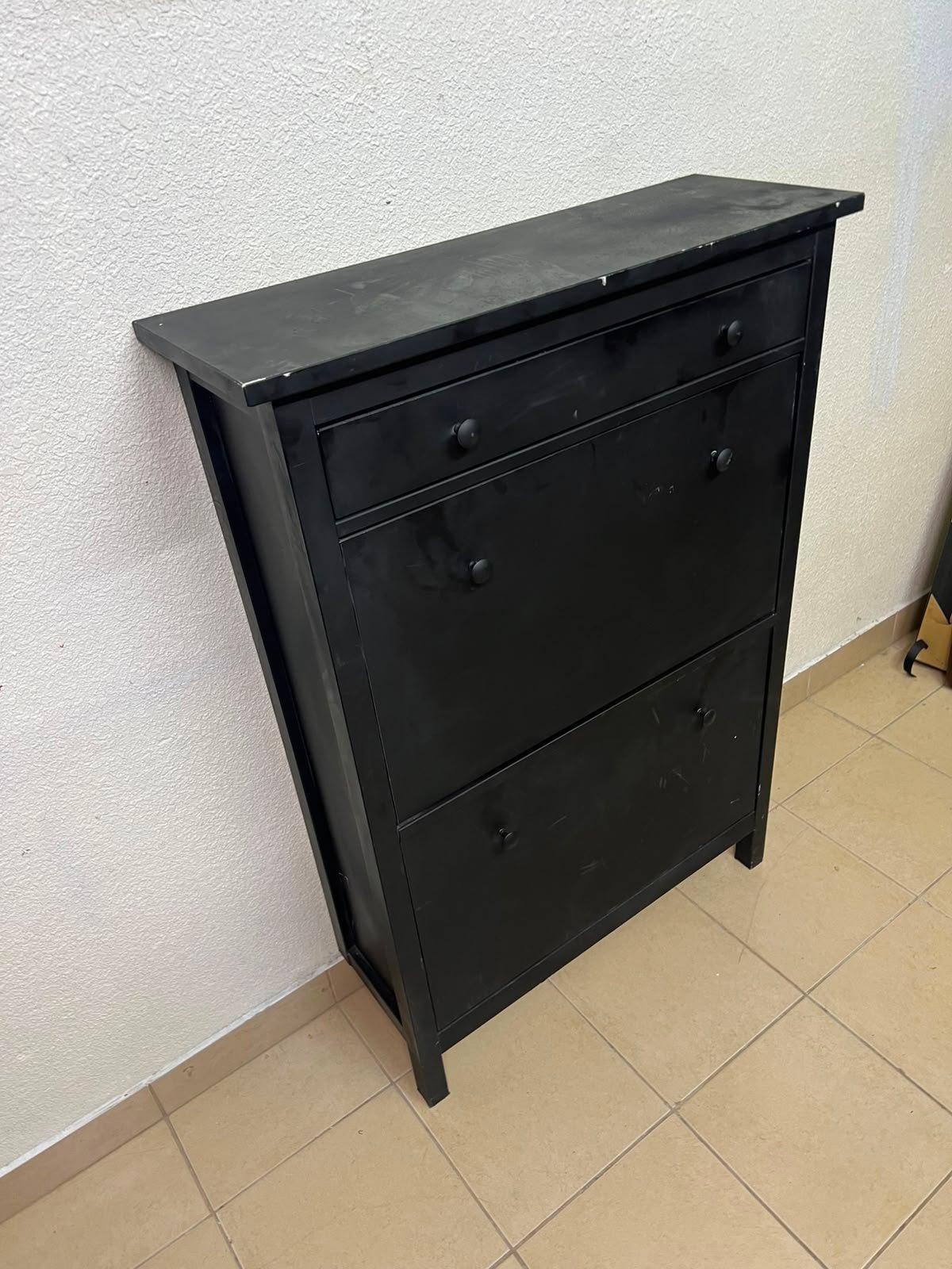 3-Tier Black Storage Cabinet / Shoe Rack – Slim Entryway Organizer with Top Drawer & Dual Flap Compartments - Image 10