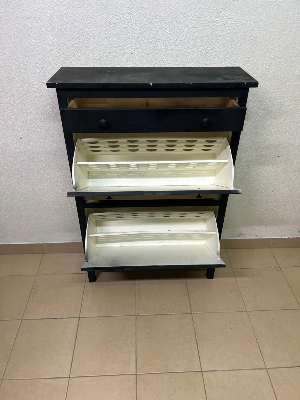 3-Tier Black Storage Cabinet / Shoe Rack – Slim Entryway Organizer with Top Drawer & Dual Flap Compartments - Image 11