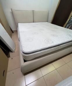 Minimalist Beige Upholstered Bed with 2-Panel Cushion Headboard & Swirl-Quilted Mattress – Contemporary Platform Bed Set - Image 3