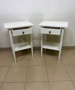 Set of 2 Minimalist White Bedside Tables / Nightstands with Drawer & Open Bottom Shelf – Contrast Black Knob
