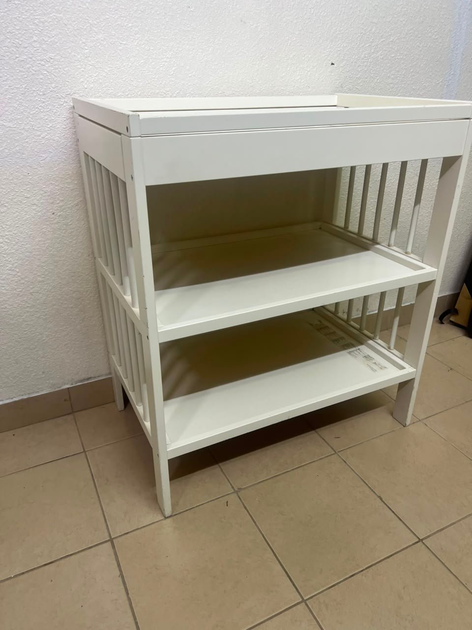 White Wooden Baby Changing Table with 2-Tier Open Storage Shelves – Nursery Organizer with Raised Safety Rails & Slatted Sides - Image 2