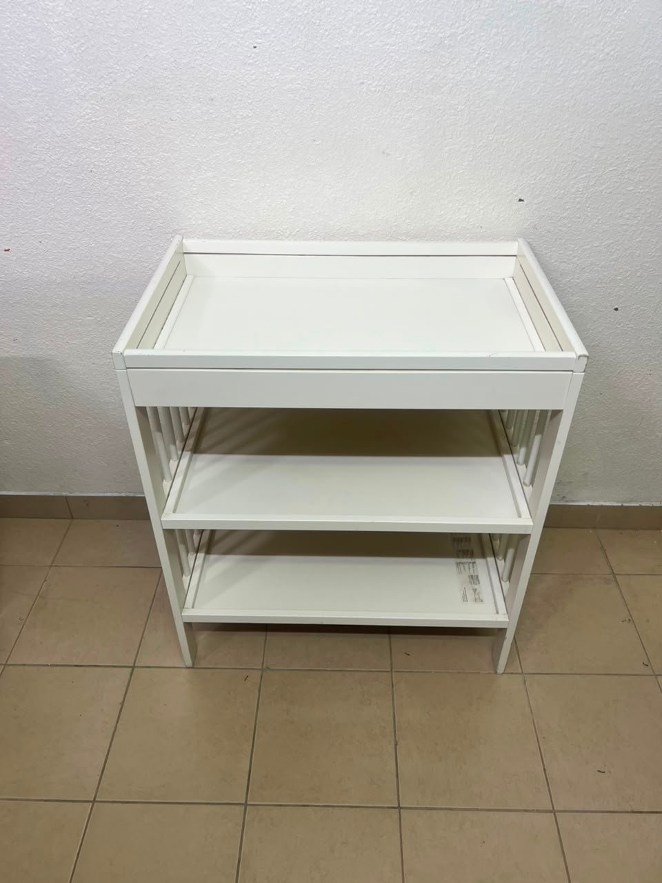 White Wooden Baby Changing Table with 2-Tier Open Storage Shelves – Nursery Organizer with Raised Safety Rails & Slatted Sides - Image 3