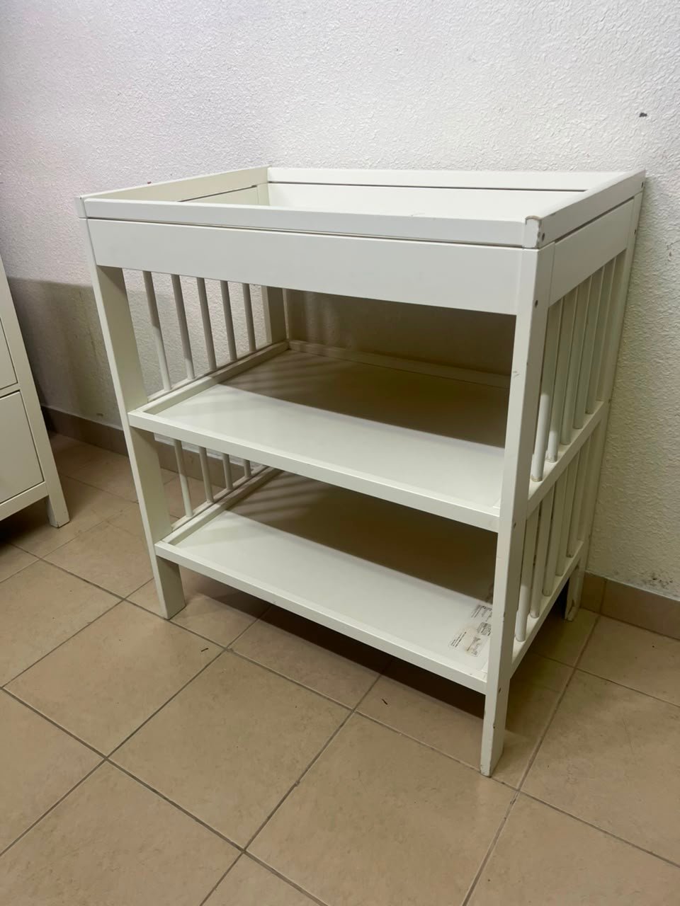 White Wooden Baby Changing Table with 2-Tier Open Storage Shelves – Nursery Organizer with Raised Safety Rails & Slatted Sides - Image 5