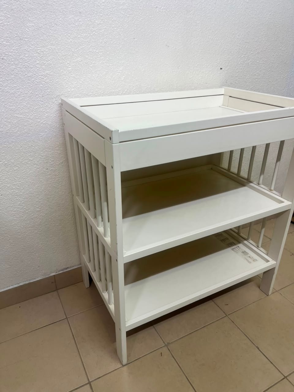 White Wooden Baby Changing Table with 2-Tier Open Storage Shelves – Nursery Organizer with Raised Safety Rails & Slatted Sides - Image 6