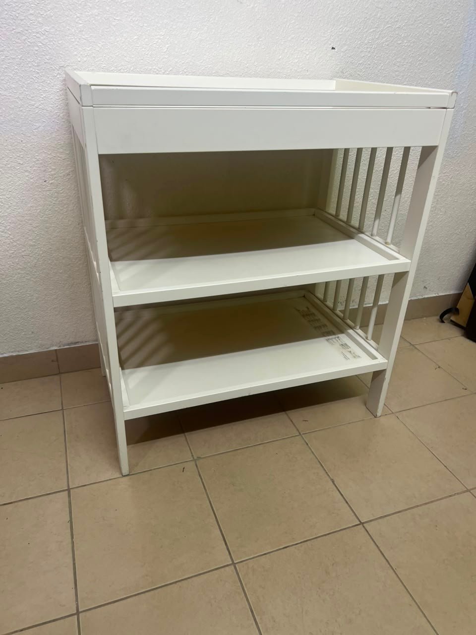 White Wooden Baby Changing Table with 2-Tier Open Storage Shelves – Nursery Organizer with Raised Safety Rails & Slatted Sides - Image 7