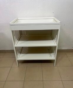 White Wooden Baby Changing Table with 2-Tier Open Storage Shelves – Nursery Organizer with Raised Safety Rails & Slatted Sides
