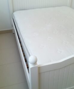 Classic White Wooden Bed Frame with Quilted Mattress – Elegant Paneled Headboard & Footboard with Finial Posts - Image 6