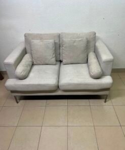 Modern Light Grey 2-Seater Loveseat Sofa with Bolster Pillows & Metal Legs – Compact Fabric Couch for Living Room, Office & Apartment
