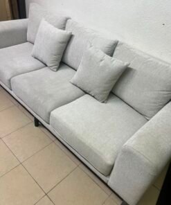 Modern Light Grey 3-Seater Sofa with Black Legs & Throw Pillows – Minimalist Fabric Couch for Living Room & Apartments - Image 5