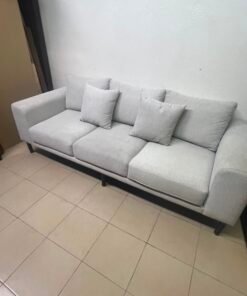 Modern Light Grey 3-Seater Sofa with Black Legs & Throw Pillows – Minimalist Fabric Couch for Living Room & Apartments - Image 7