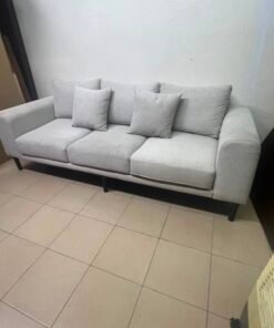 Modern Light Grey 3-Seater Sofa with Black Legs & Throw Pillows – Minimalist Fabric Couch for Living Room & Apartments - Image 8
