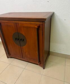 Vintage Style Solid Wood 2-Door Storage Cabinet – Brown Sideboard with Oval Metal Plate & Turned Side Pegs - Image 4