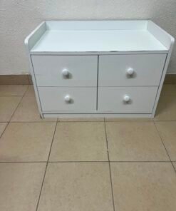 Compact White 4-Drawer Storage Cabinet with Raised Top Tray – Versatile Mini Dresser for Bedroom, Nursery, or Playroom