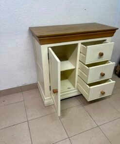Farmhouse Style 1-Door 3-Drawer Storage Cabinet – Rustic Wood Top with Off-White Body & Matching Wooden Knobs - Image 4