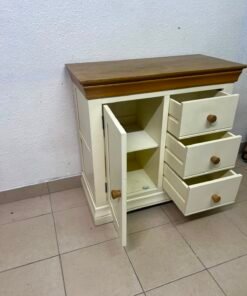 Farmhouse Style 1-Door 3-Drawer Storage Cabinet – Rustic Wood Top with Off-White Body & Matching Wooden Knobs - Image 10