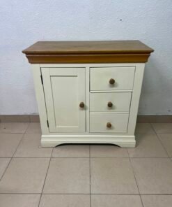 Farmhouse Style 1-Door 3-Drawer Storage Cabinet – Rustic Wood Top with Off-White Body & Matching Wooden Knobs