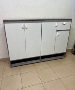 Modern Two-Tone Sideboard Cabinet – Grey Frame with White 4-Door Front, Asymmetric Drawer & Open Bottom Shelves - Image 2