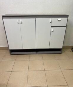 Modern Two-Tone Sideboard Cabinet – Grey Frame with White 4-Door Front, Asymmetric Drawer & Open Bottom Shelves - Image 3