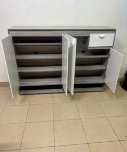 Modern Two-Tone Sideboard Cabinet – Grey Frame with White 4-Door Front, Asymmetric Drawer & Open Bottom Shelves - Image 4