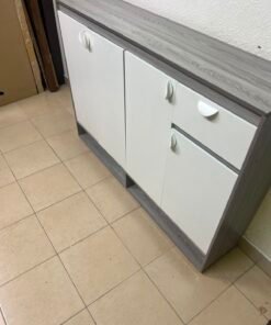 Modern Two-Tone Sideboard Cabinet – Grey Frame with White 4-Door Front, Asymmetric Drawer & Open Bottom Shelves - Image 5